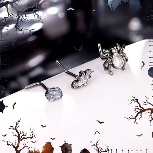 3Pcs 20G 316L Stainless Steel Halloween Nose Ring Studs For Women Men Bat L Shaped Nose Studs Black Spider Ghost Nose Piercing Jewelry in Kuwait