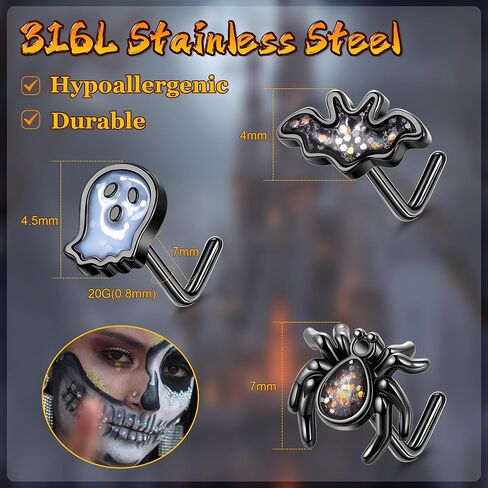 3Pcs 20G 316L Stainless Steel Halloween Nose Ring Studs For Women Men Bat L Shaped Nose Studs Black Spider Ghost Nose Piercing Jewelry in Kuwait