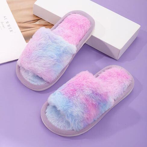 Fluffy Slippers for Kids Girls Furry Slides Open Toe Home Indoor Shoes in Saudi Arabia