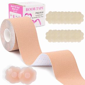 ROSEUP Breast Lift Tape, Boob Tape-Body Tape, Bob Tape for Large Breasts A-G Cup, w 2 Pcs Silicone Breast Reusable Adhesive Bra,Boob Tape Kit (12 pcs)