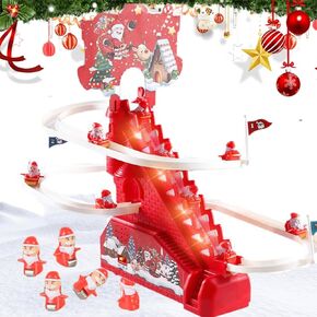 Christmas Slide,Climbing Santa Race Game, Automatic Stair Climbing Toy LED Lights and Music Santa Christmas,Roller Coaster Playset for Kids Boys Girls