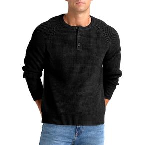 RQP Men's Henley Sweater Long Sleeve Button Crewneck Sweater Knit Sweater Casual Waffle Texture Pullover Sweater