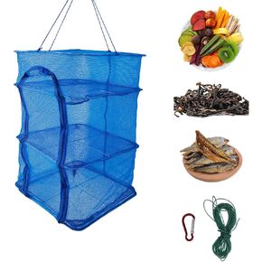 Drying Rack Foldable Fishing Mesh 4 Layers Hanging Drying Fish Net Foldable Nylon Netting Dryer, for Seeds Fish Vegetables Fruit Herb Food Clothes, Zipper Opening Blue 13.77"x13.77"x23.62"