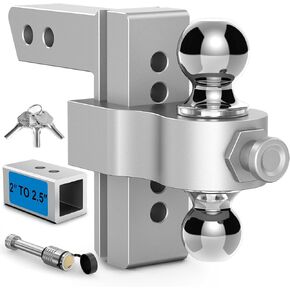 Adjustable Trailer Hitch, Drop Hitch Fits 2 & 2.5 Inch Receiver, Aluminum Tow Hitches w/ 6-in Drop/Rise, GTW 12,500 LBS Dual Ball (2" x 2-5/16"), Heavy Duty Towing Hitch Ball Mount