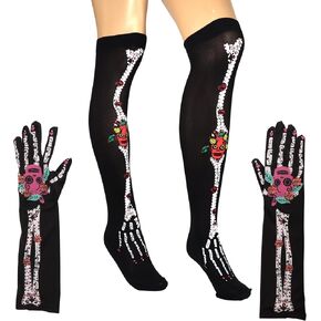 Needzo Sugar Skull Leggings and Gloves Set for Women, Halloween and Day of the Dead Costume Accessories, One Size