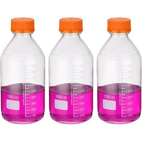 PATIKIL 3 Pack Reagent Media Storage Bottles, 1000ml Borosilicate Glass Graduated Round Bottles with GL32 Blue Screw Cap for Lab Water Reagent Liquids, Clear