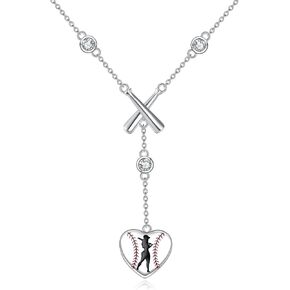 LUHE Baseball Necklace Sterling Silver Sports Y-Necklace Football Pendant Jewelry Gifts for Women