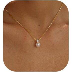 Ewrkbr Pearl Necklaces for Women, Charm Gold Necklace 14K Gold Plated Dainty CZ Pearl Choker Necklace Simple Gold Pearl Necklaces for Women Trendy Formal Wedding Necklace Gold Pearl Jewelry for Women