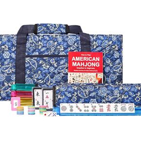 مجموعة American Mahjong مع حقيبة حمل زرقاء، 166 بلاطًا أبيض، 4 رفوف/دافعات الكل في واحد، مجموعة بلاط Mahjong (Ma Jong، Mah Jongg، Majiang)