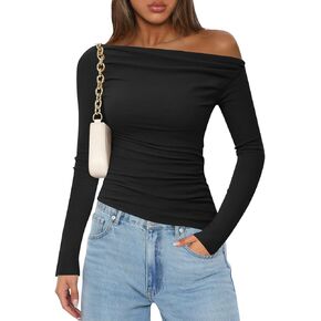 ZESICA Womens Off The Shoulder Long Sleeve Tops 2024 Casual Ruched Slim Fitted Solid Color Basic Tee Shirts Fall Outfits