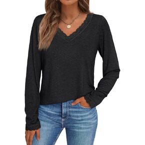 AUTOMET Long Sleeve Shirts for Women Lace V Neck Basic Casual Tops Loose Fit Fall Cute Clothes Fashion Winter Clothing