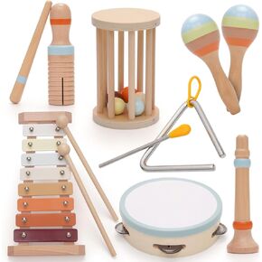 Baby Musical Instruments,Montessori Wooden Percussion Instruments Toy for Toddlers , with Modern Boho Xylophone Tambourine for Kids Preschool Educational 3+ Christmas Birthday Gifts