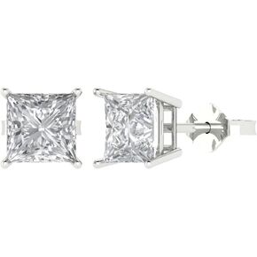 4.0 ct Brilliant Princess Cut Solitaire VVS1 Moissanite Pair of Stud Earrings Solid 18K White Gold Push Back