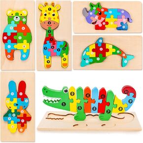 LovesTown 6 Sets of Wooden Puzzles for Kids, Toddler Number Puzzles Cute Animal Wooden Puzzles Wooden Building Blocks for Kid Preschool Ideal Gift