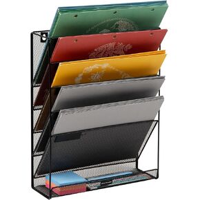 Mind Reader 4-Tier Vertical File Storage, Desktop Organizer, Wall Mount, Office, Metal Mesh, 12.5" L x 4" W x 16.5" H, Black