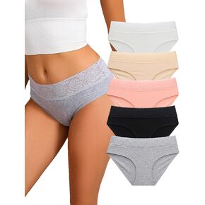 Womens Cotton Underwear, Cotton Bikini Lace Panties, Ladies Briefs High Waist Undies, 5 Pack