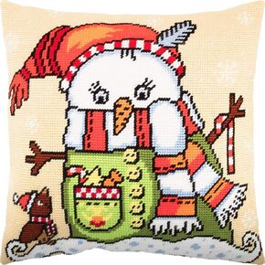 Seasonal Needlepoint Kit for Adults and Beginners — Snowman 16″ × 16″ with Clear, Precise Printed Design on Cotton Canvas; Includes 2 Needles, Yarn, and Easy-Read Chart
