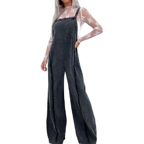 utcoco Denim Overalls for Women Casual Adjustable Straps Wide Leg Raw Hem Jeans Bib Overalls Jumpsuits