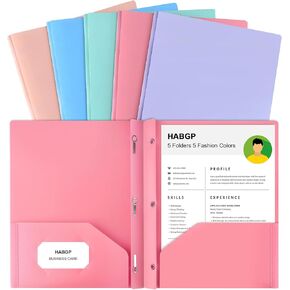 HABGP Two Pocket Folder with Prongs (5 Pack, Pastel Colors), Plastic Folders with Pockets and Business Card Holder, Folders with Pocket Fit Letter Size, Organizing Papers in School, Office & Business