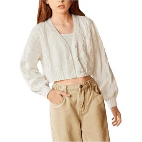 MakeMeChic Girl's Button Down Drop Shoulder Cable Knit Cardigan Long Sleeve V Neck Cropped Cardigan Sweater