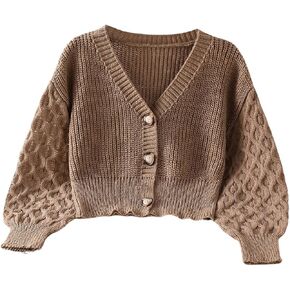 SHENHE Girl's Cardigan Button Down V Neck Knitted Long Sleeve Cropped Sweater Cardigan