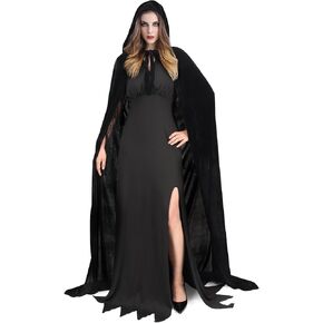 Ibeauti Black Witch Cape Full Length Velvet/Sheer Hooded Cloak Halloween Renaissance Medieval Vampire Costume