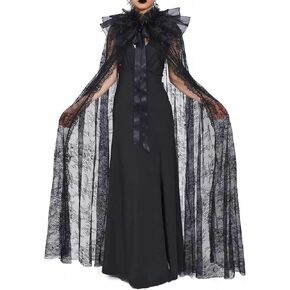 Aukmla Black Lace Cloak Long Sheer Collar Cape Halloween Costume Cosplay Robe for Women