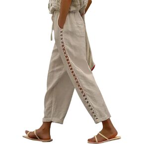 Puimentiua Women's Linen Capri Pants with Drawstring Petite Summer Beachwear Lightweight Elastic Waist Pants