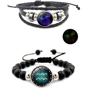 2Pcs Layered Bracelet Set Fluorescence Leather Zodiac Bracelet Time Gem Stacking Astrology Bracelet for Women Men