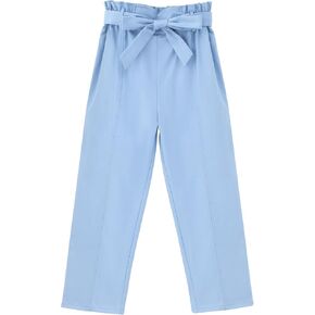 GERU Girls High Waist Belted Paperbag Pants Casual Fit Elastic Tapered Trousers with Pockets 4-12 Years