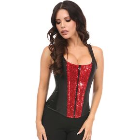 Daisy corsets Womens Top Drawer Black Satin & Red Sequin Steel Boned Corset W/Straps