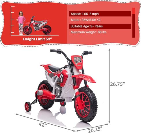 TOBBI 12V Electric Motorcycle for Kids Dirt Bike Ride on Toy Battery Powered Motorbike Off-Road Motocross w/ 2 Speeds, 35W Dual Motors, Training Wheels, Red in Saudi Arabia