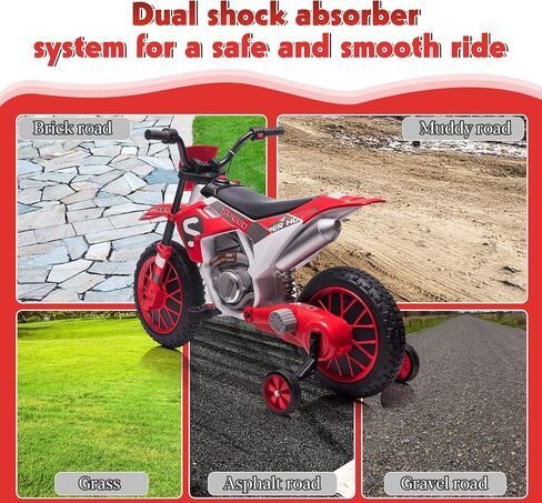 TOBBI 12V Electric Motorcycle for Kids Dirt Bike Ride on Toy Battery Powered Motorbike Off-Road Motocross w/ 2 Speeds, 35W Dual Motors, Training Wheels, Red in Saudi Arabia
