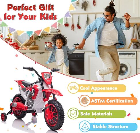 TOBBI 12V Electric Motorcycle for Kids Dirt Bike Ride on Toy Battery Powered Motorbike Off-Road Motocross w/ 2 Speeds, 35W Dual Motors, Training Wheels, Red in Saudi Arabia