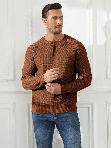 RQP Men's Henley Sweater Long Sleeve Button Crewneck Sweater Knit Sweater Casual Waffle Texture Pullover Sweater in Saudi Arabia