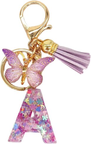 Purple Tassel Butterfly Initial Pendant, Women's Wallet Backpack Handbag Keychain. Resin love sequin initials key chain in Saudi Arabia