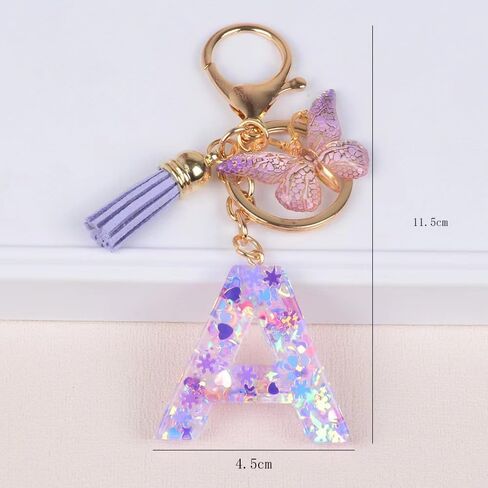 Purple Tassel Butterfly Initial Pendant, Women's Wallet Backpack Handbag Keychain. Resin love sequin initials key chain in Saudi Arabia