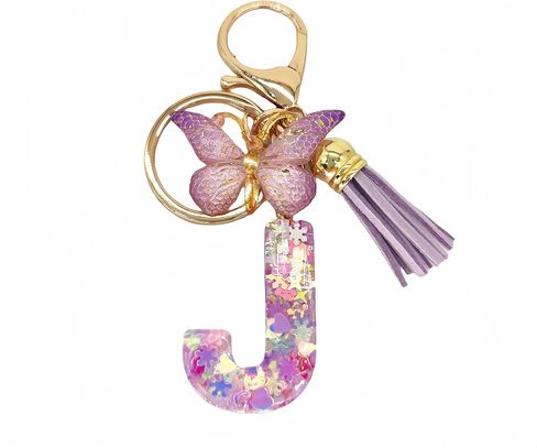 Purple Tassel Butterfly Initial Pendant, Women's Wallet Backpack Handbag Keychain. Resin love sequin initials key chain in Saudi Arabia