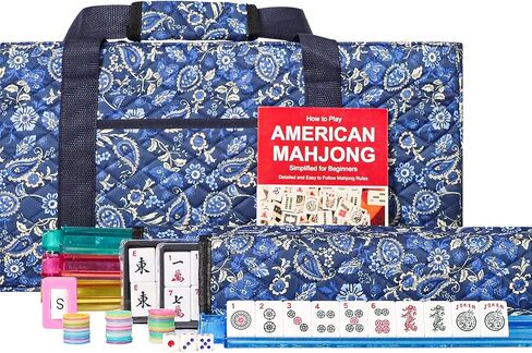 مجموعة American Mahjong مع حقيبة حمل زرقاء، 166 بلاطًا أبيض، 4 رفوف/دافعات الكل في واحد، مجموعة بلاط Mahjong (Ma Jong، Mah Jongg، Majiang) in Kuwait