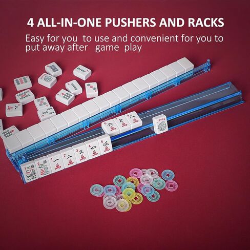 مجموعة American Mahjong مع حقيبة حمل زرقاء، 166 بلاطًا أبيض، 4 رفوف/دافعات الكل في واحد، مجموعة بلاط Mahjong (Ma Jong، Mah Jongg، Majiang) in Kuwait