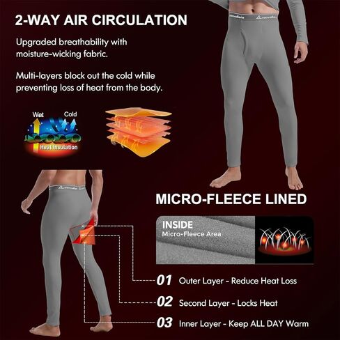 CL convallaria Men's Thermal Pants Fleece Lined Long Johns Thermal Bottom Athletic Base Layer Cold Weather Gear 2/4 Pcs in Kuwait