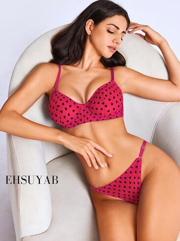 Women's Valentines Lingerie, Sexy Gift Heart Underwear, Underwire Sheer Mesh Exotic Present Bra And Panty Set Boudoir in Saudi Arabia