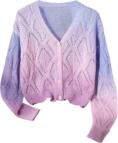 GORGLITTER Girl's Colorful Crochet Button Cardigans Hollow Out Long Sleeve V Neck Knit Cardigan Sweaters in Saudi Arabia
