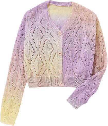 GORGLITTER Girl's Colorful Crochet Button Cardigans Hollow Out Long Sleeve V Neck Knit Cardigan Sweaters in Saudi Arabia