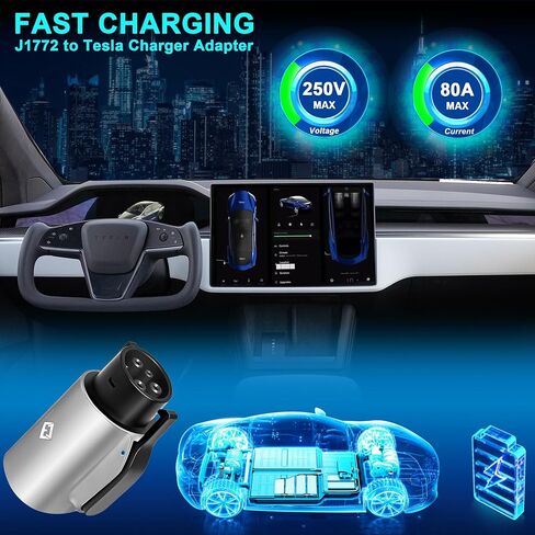 محول Tesla إلى J1772، لجميع J1772 EV، 80A 250V Max، محول EV محمول وخارجي، لموصلات Tesla عالية الطاقة، شاحن الوجهة، شاحن الهاتف المحمول، شاحن الحائط، (فضي) in Saudi Arabia