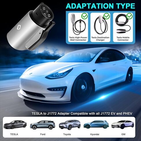 محول Tesla إلى J1772، لجميع J1772 EV، 80A 250V Max، محول EV محمول وخارجي، لموصلات Tesla عالية الطاقة، شاحن الوجهة، شاحن الهاتف المحمول، شاحن الحائط، (فضي) in Saudi Arabia