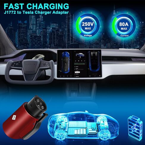 محول Tesla إلى J1772، لجميع J1772 EV، 80A 250V Max، محول EV محمول وخارجي، لموصلات Tesla عالية الطاقة، شاحن الوجهة، شاحن الهاتف المحمول، شاحن الحائط، (فضي) in Saudi Arabia