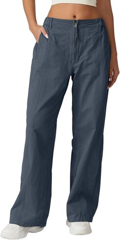 QINSEN Womens Zip Front Wide Leg Long Pants High Waist Causal Cargo Pants Cotton Pocket Palazzo Pants in Kuwait
