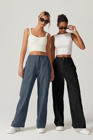 QINSEN Womens Zip Front Wide Leg Long Pants High Waist Causal Cargo Pants Cotton Pocket Palazzo Pants in Kuwait
