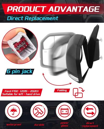 Left Driver Side Mirror Fits Ford F150 Side Mirror 2015 2016 2017 2018 2019 2020 Side View Mirror, w/Heated, Turn Signal Light, 6 pins #FO1320556 in Saudi Arabia